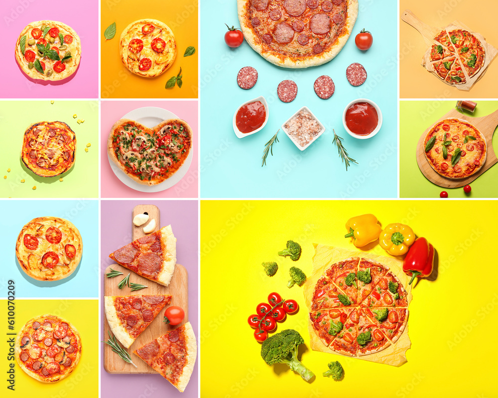 Collage with different pizzas on color background