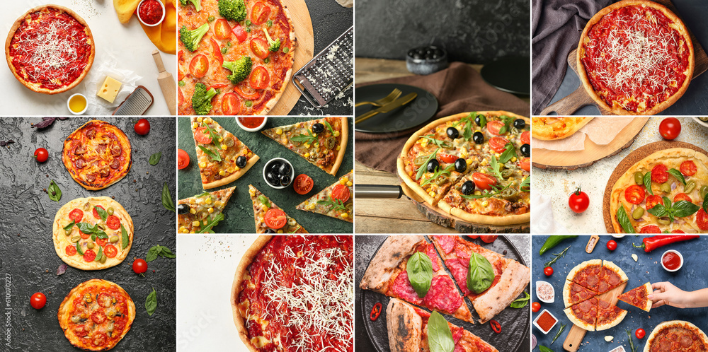 Collage with many yummy pizzas