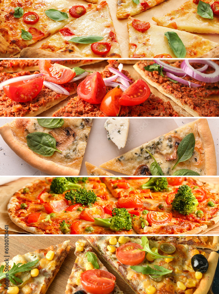 Collage with different delicious pizzas, closeup