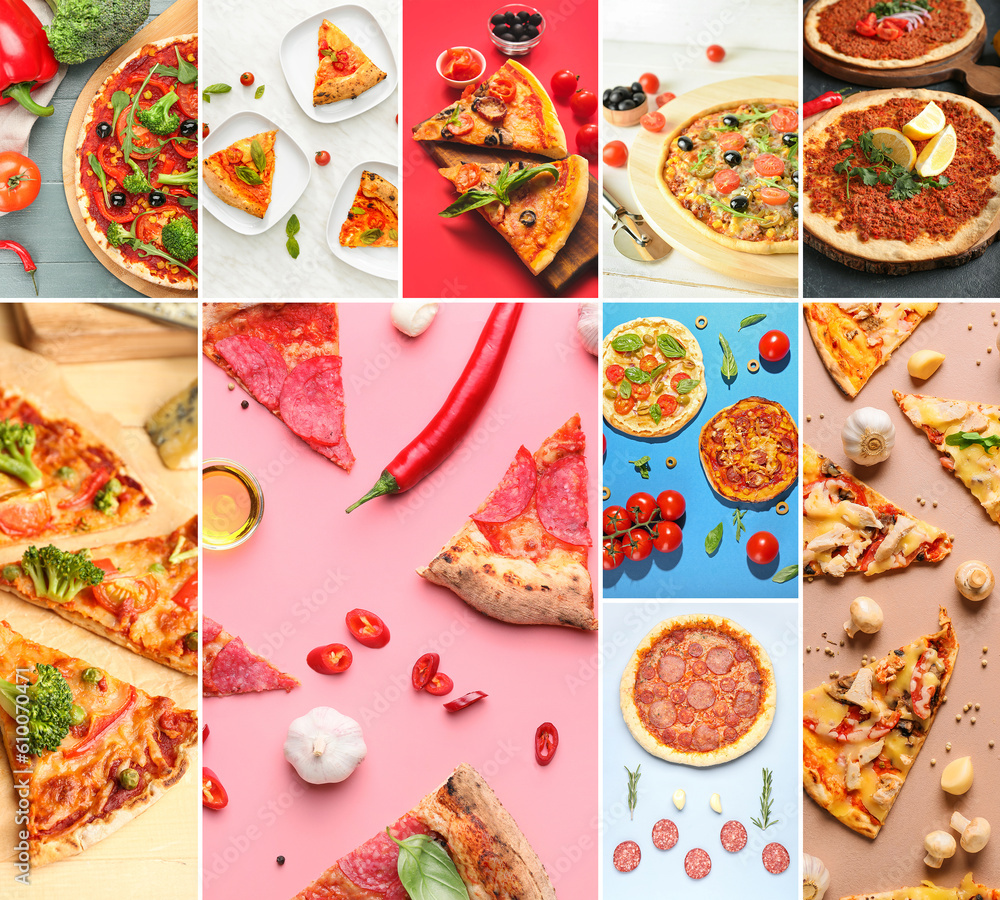 Collage with different pizzas on color background