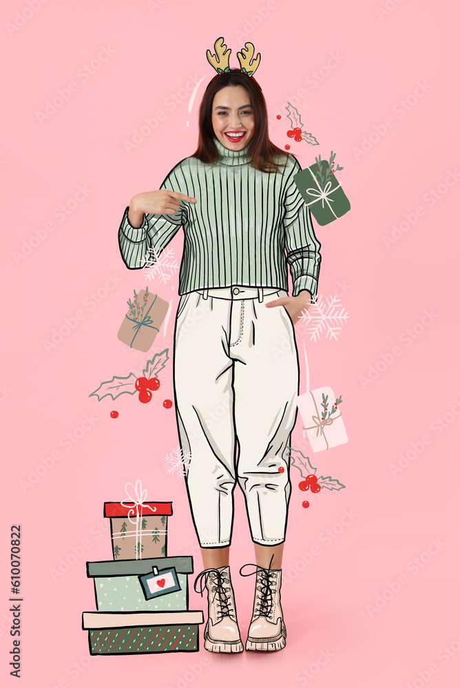 Beautiful fashionable woman in drawn clothes and with Christmas gifts on pink background