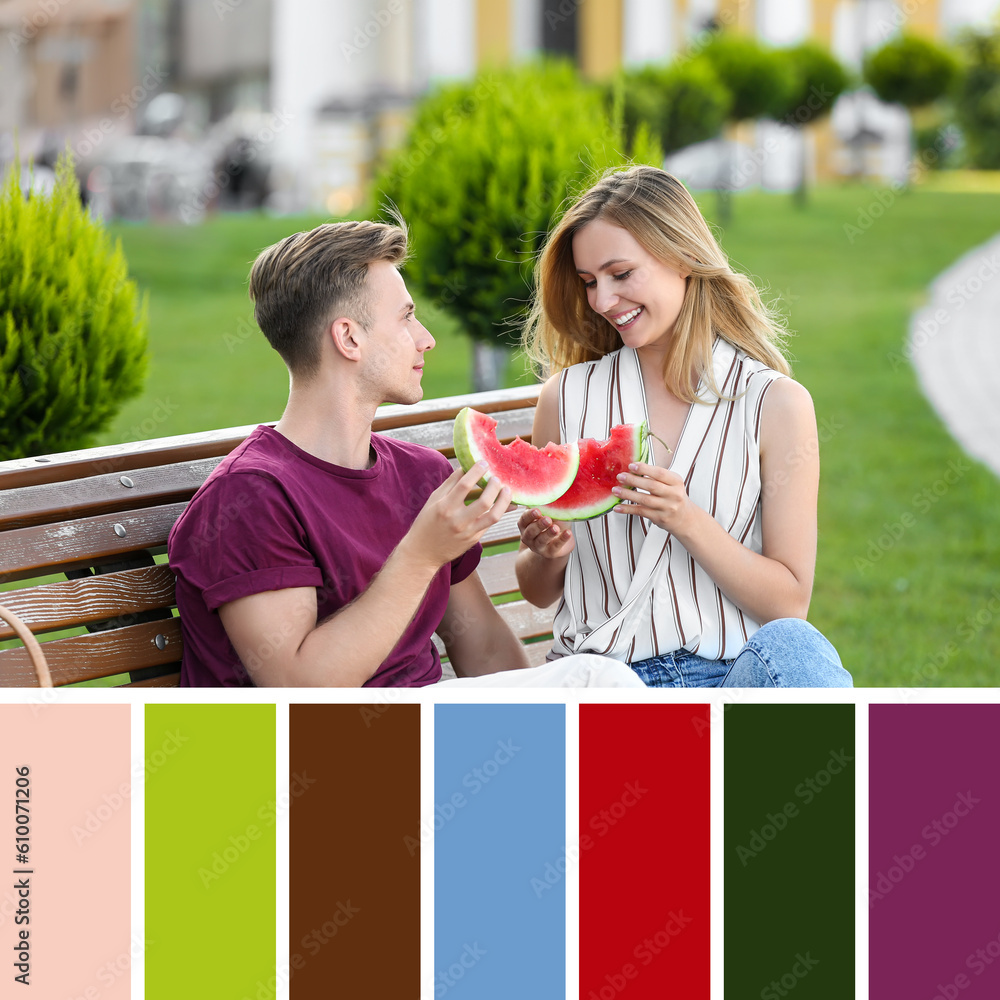 Cute young couple eating watermelon on romantic date in park. Different color patterns