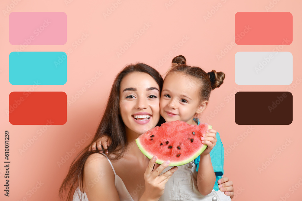 Beautiful young woman and cute little girl with fresh watermelon on pink background. Different color