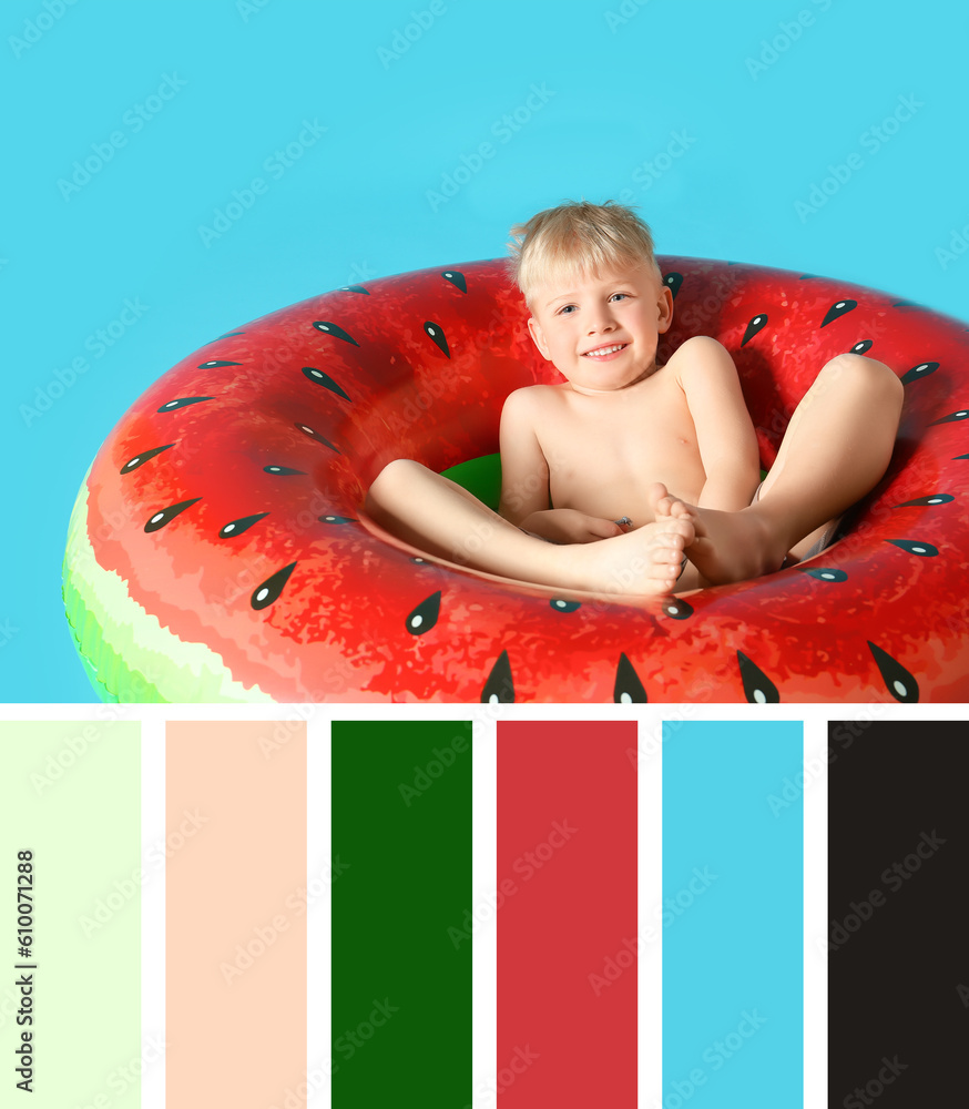 Cute little boy with watermelon inflatable ring on blue background. Different color patterns