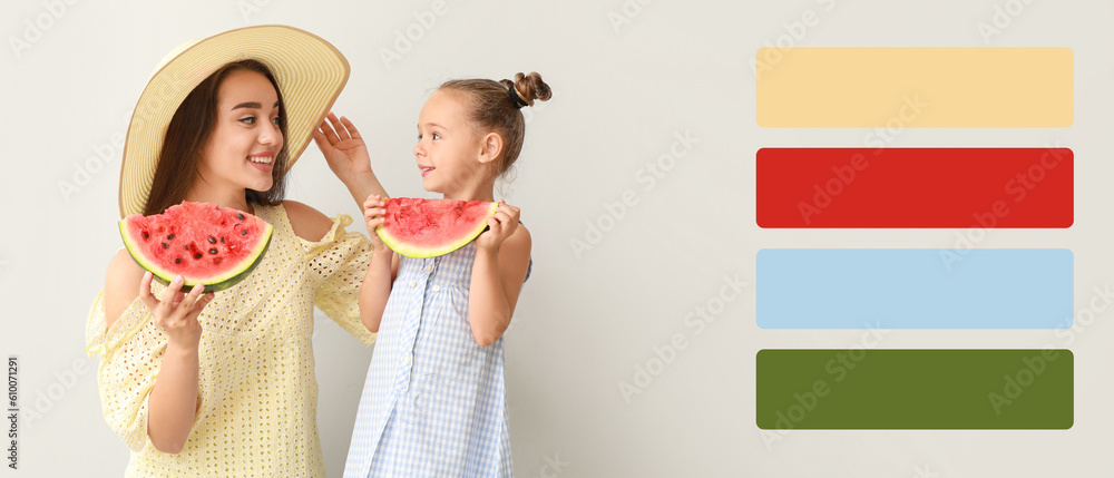 Beautiful young woman and cute little girl with fresh watermelon on light background. Different colo