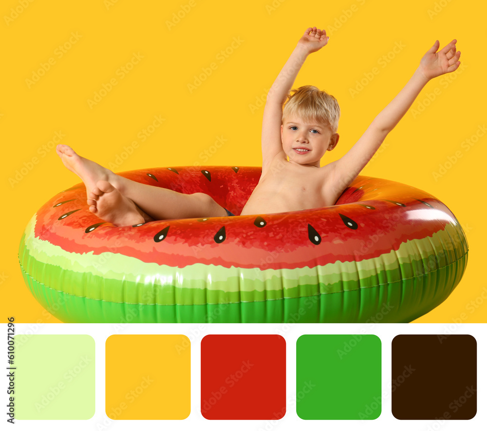 Cute little boy with watermelon inflatable ring on yellow background. Different color patterns