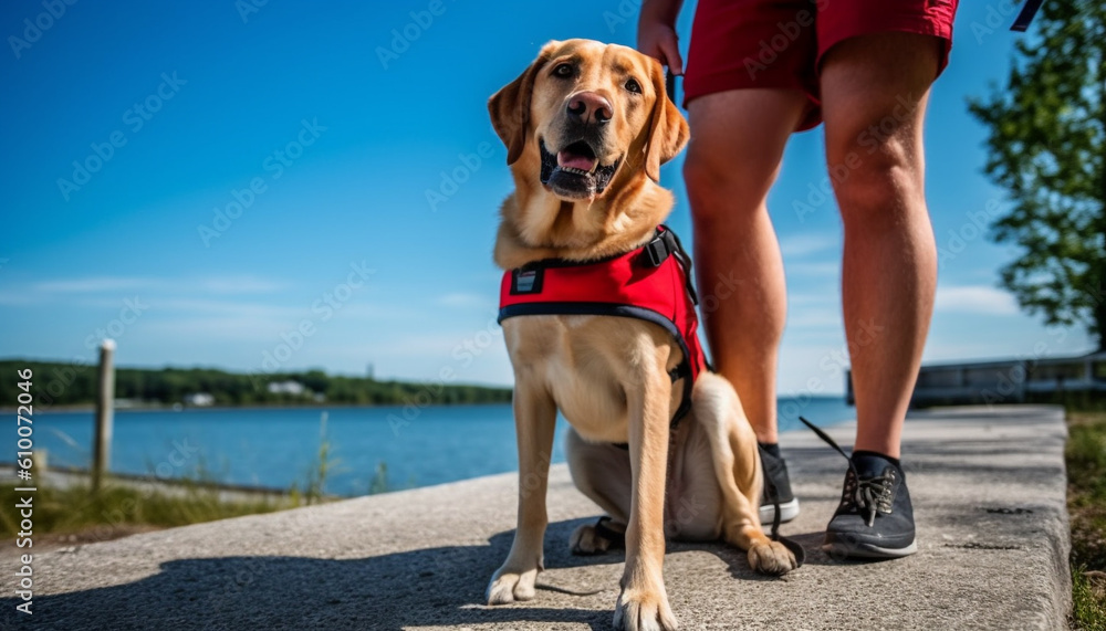 Golden retriever and owner enjoy outdoor summer fun by water generated by AI