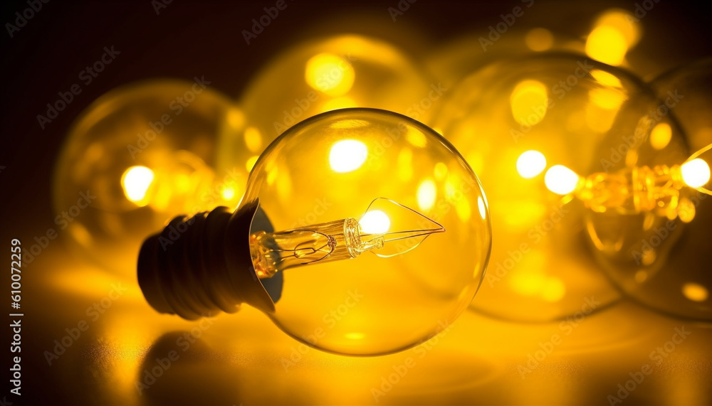 Brightly lit electric lamp with glowing yellow filament and blue reflection generated by AI