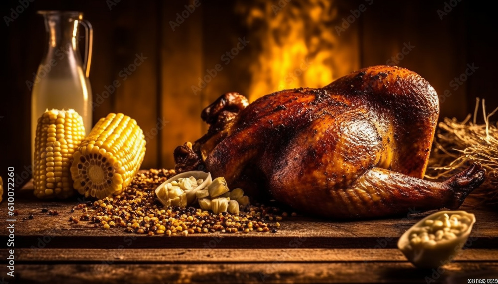 Rustic table with grilled poultry, baked pumpkin, and fresh vegetables generated by AI