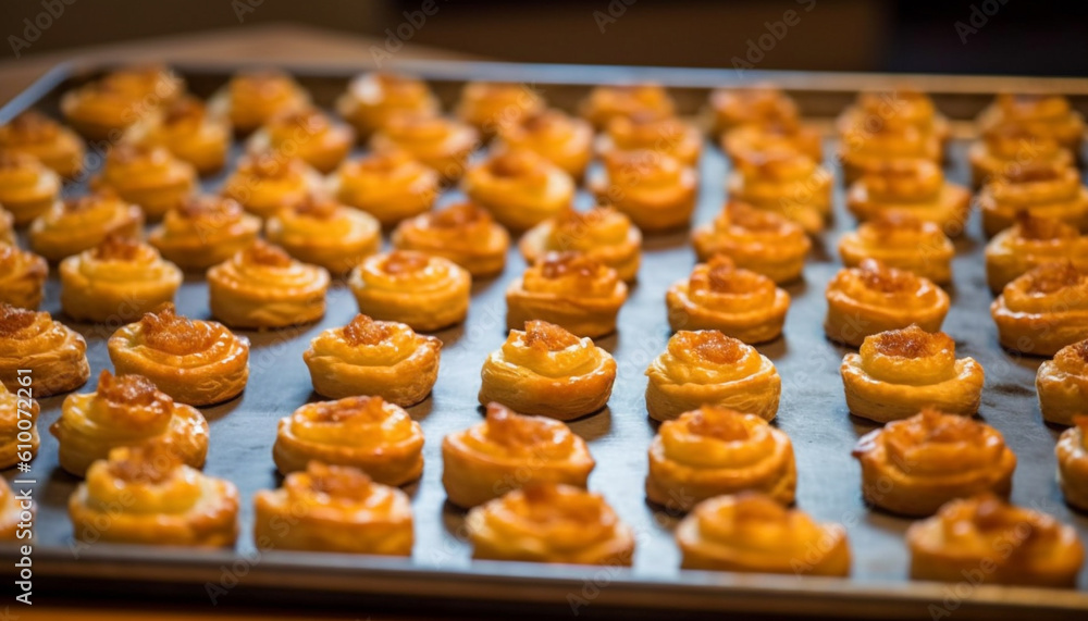 Homemade baked pastry item on yellow tray, close up of dessert generated by AI