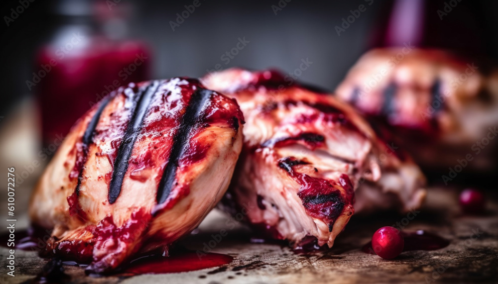 Grilled meat fillet on rustic wood table, ready to eat refreshment generated by AI