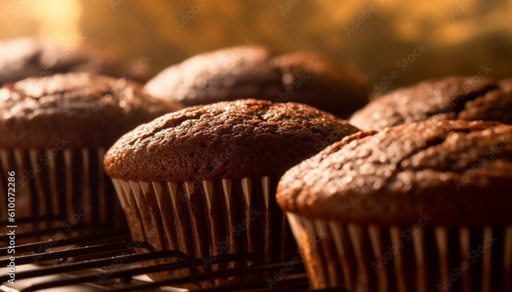 Freshly baked muffins on rustic table, indulgent chocolate and blueberry generated by AI