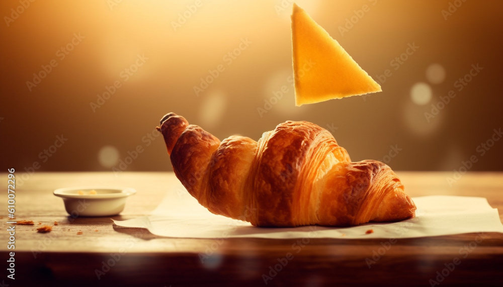 Freshly baked French croissant on rustic wooden table, a gourmet indulgence generated by AI