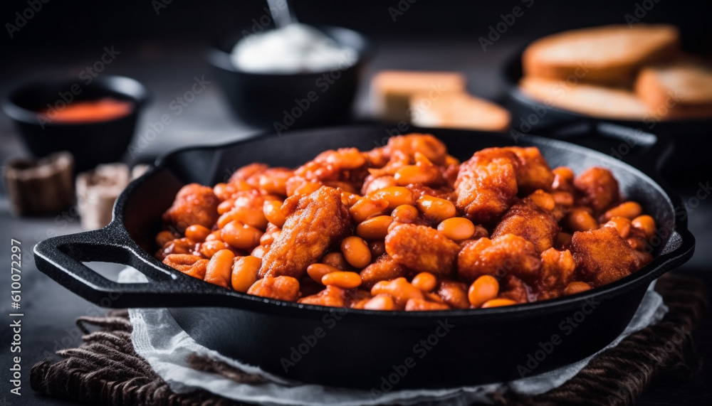 Rustic meal cooked on wood table fried pork, homemade bread generated by AI