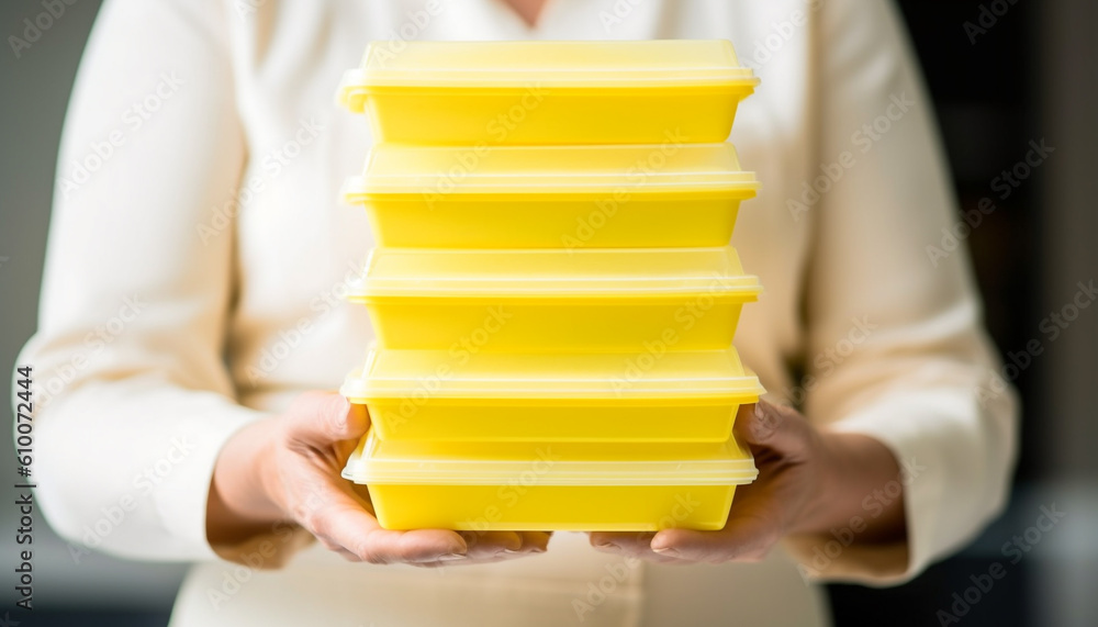 One woman holding yellow container, standing indoors, working in retail generated by AI