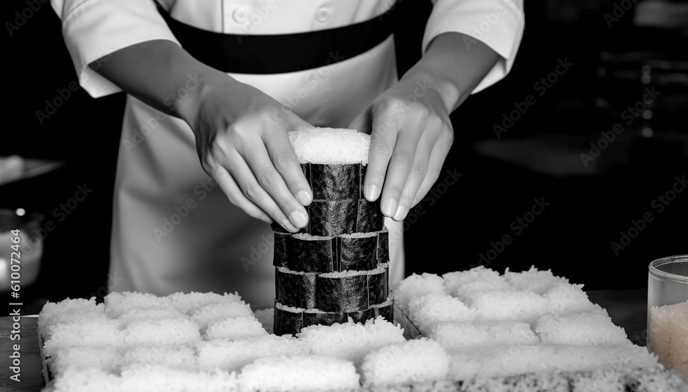 One person working in a commercial kitchen preparing healthy meals generated by AI