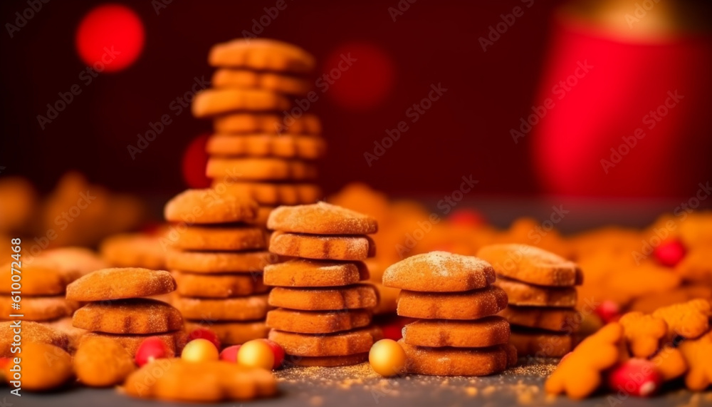 Homemade gingerbread cookies stacked on rustic wood table for Christmas generated by AI