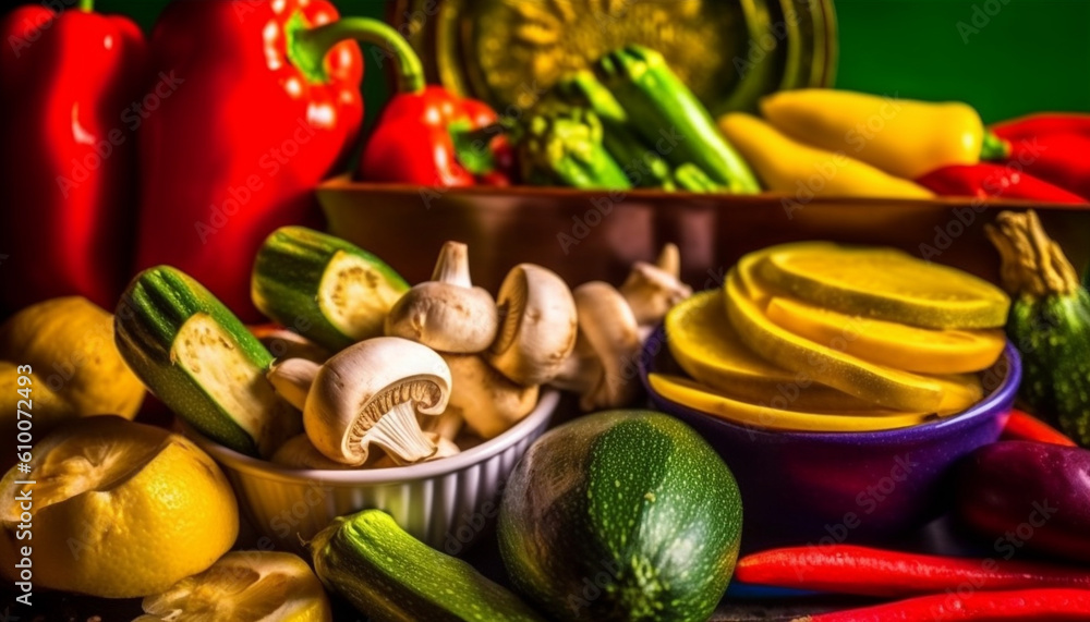 Fresh vegetables and fruits on rustic wooden table for healthy eating generated by AI