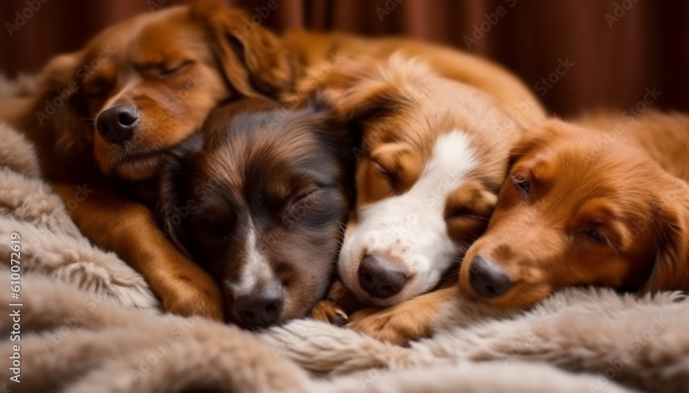 Three purebred puppies sleeping, cute and fluffy in a row generated by AI