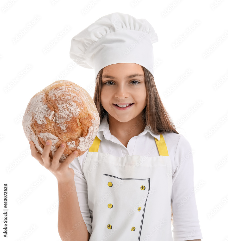 Little baker with fresh bread on white background