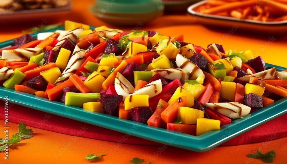 Vibrant vegetarian salad bowl with fresh multi colored vegetables and fruit generated by AI