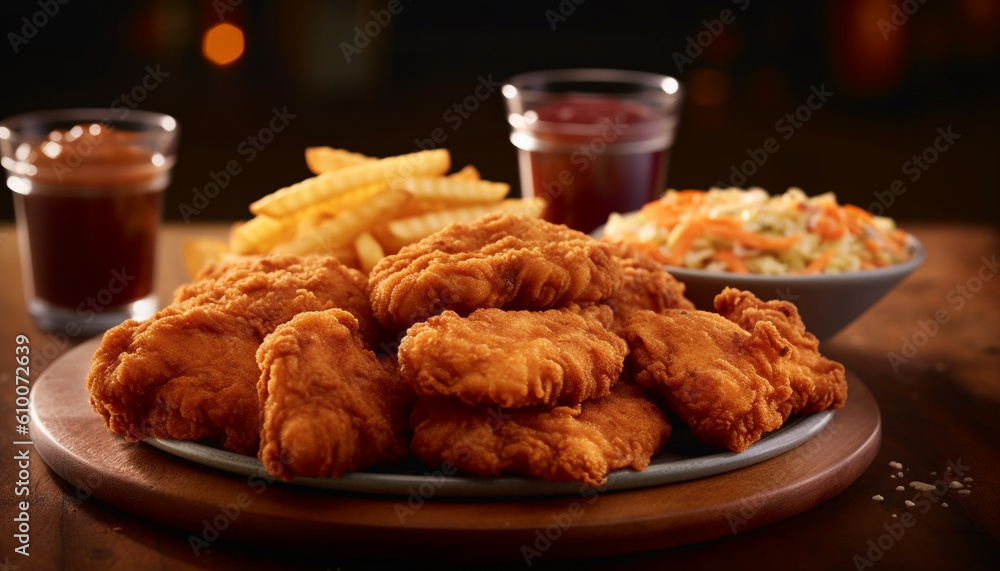 Deep fried buffalo chicken wings on a plate with fries generated by AI