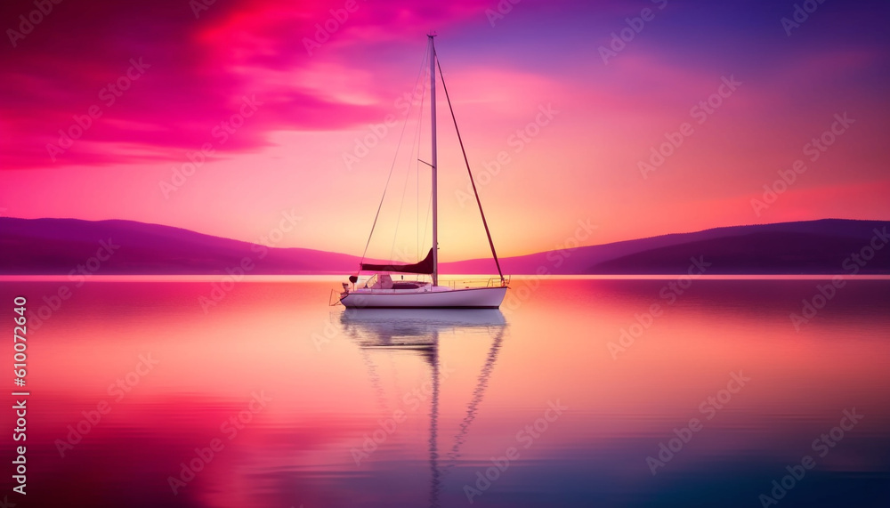 Sailboat silhouette on tranquil sunset water, nautical vessel transportation adventure generated by 