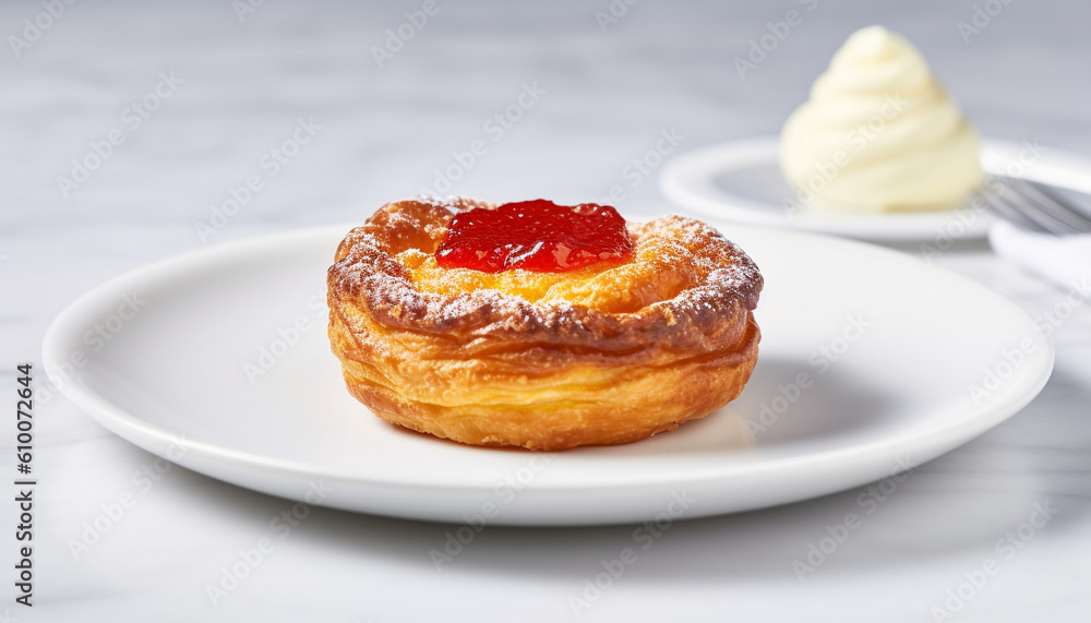 Homemade sweet pie with whipped cream and raspberry on plate generated by AI