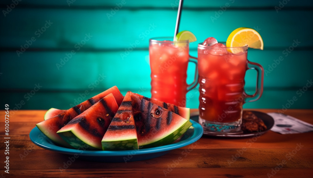 Fresh watermelon slice on rustic wood table, perfect summer refreshment generated by AI