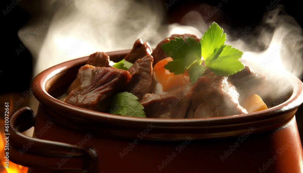 Healthy beef stew with steamed dumplings and fresh vegetables, garnished with parsley generated by A