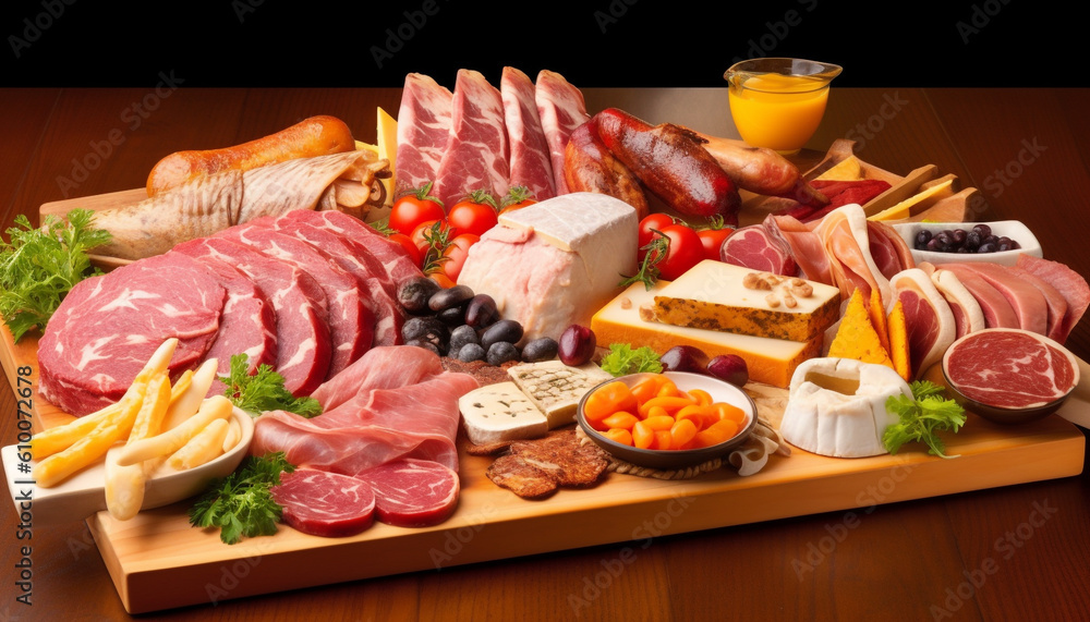 Variety of gourmet meats on rustic wooden cutting board generated by AI