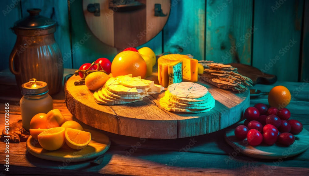 Rustic gourmet meal on wooden plank with fresh organic ingredients generated by AI