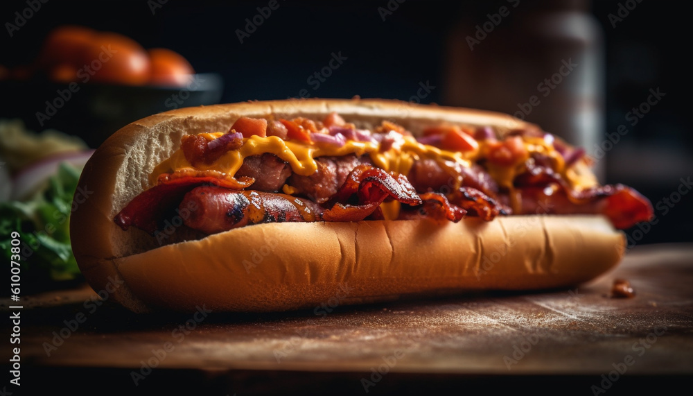 Grilled hot dog on bun with ketchup, onion, and tomato generated by AI