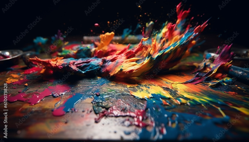 Vibrant colors splashing in messy chaos, creating abstract patterns generated by AI