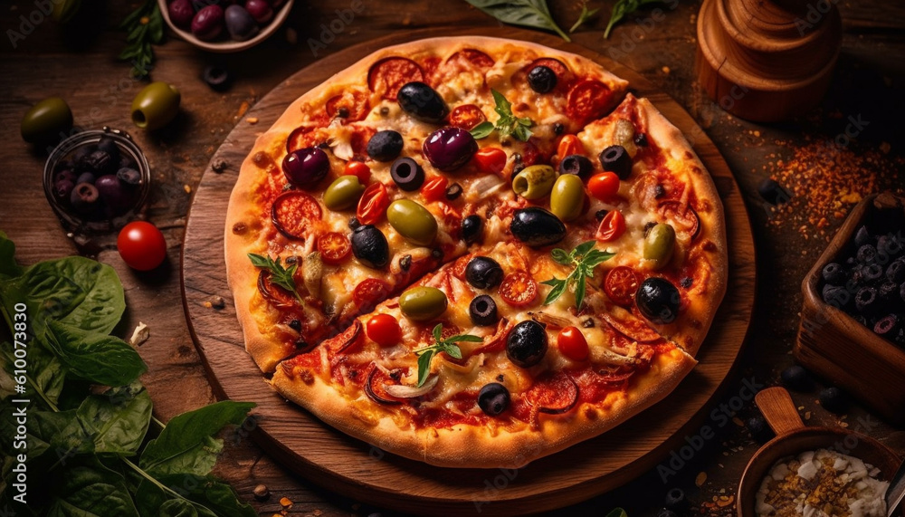 Rustic gourmet pizza with fresh mozzarella, baked on wood table generated by AI