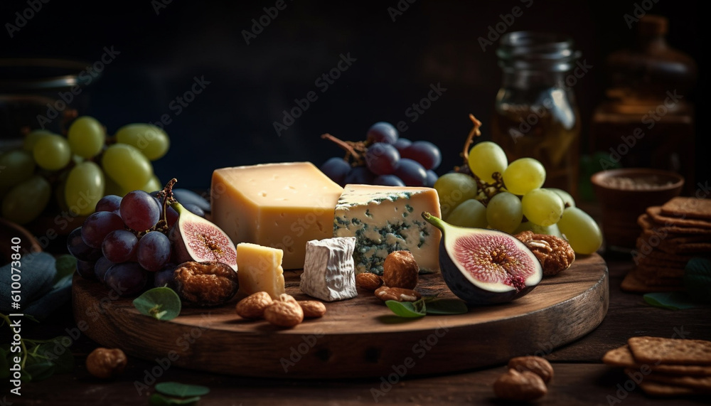 A rustic French gourmet meal with fresh fruit and cheese generated by AI