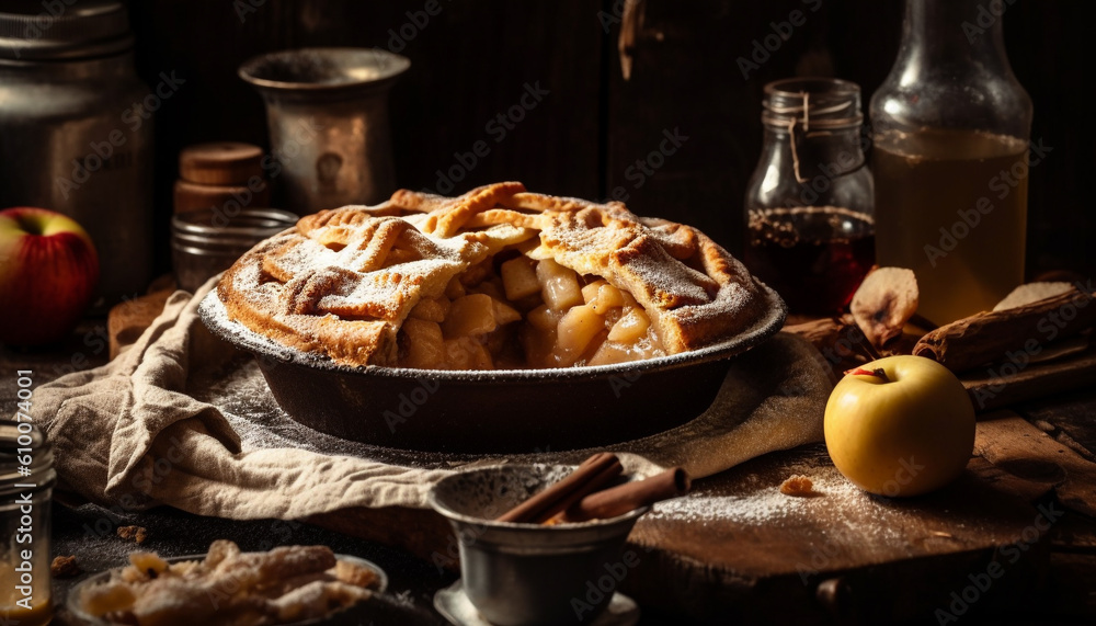 Rustic apple pie, a gourmet indulgence on a wooden table generated by AI