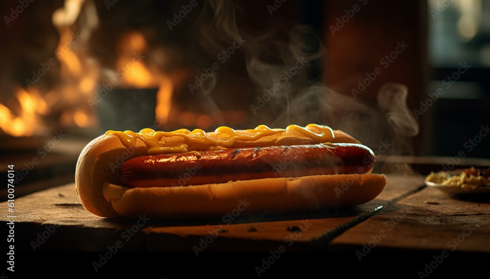 Grilled meat on bun, hot dog and bratwurst, summer refreshment generated by AI