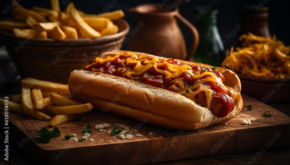 Grilled beef hot dog with fries and ketchup, a pub favorite generated by AI