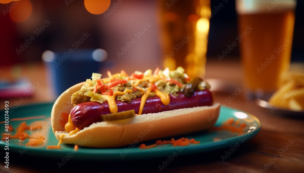 Grilled beef hot dog and fries on rustic pub table generated by AI