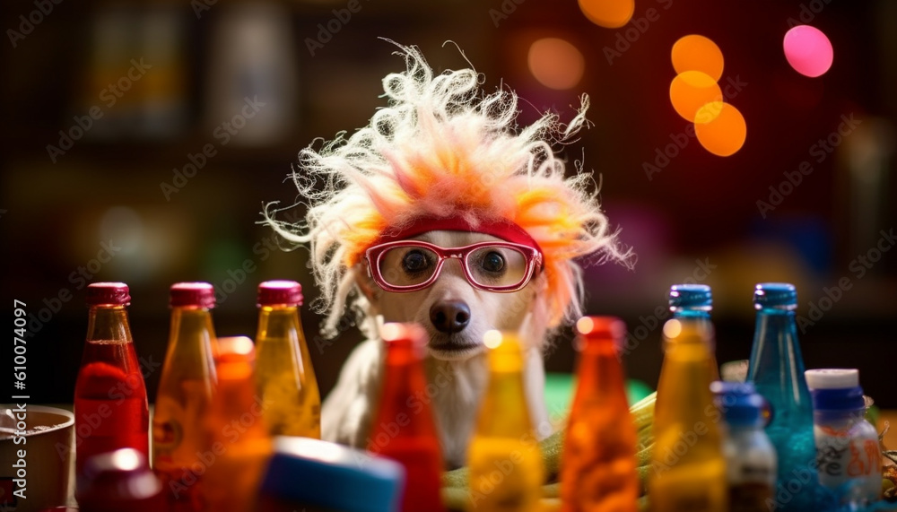 Cute terrier enjoys party with friends, beer and refreshments generated by AI