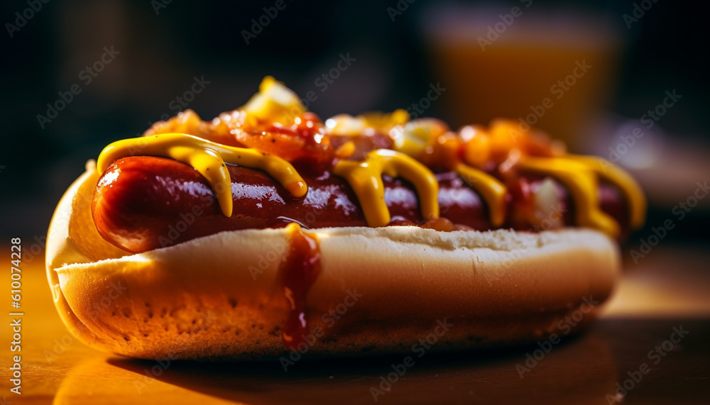 Grilled beef hot dog on rustic bun with ketchup and fries generated by AI