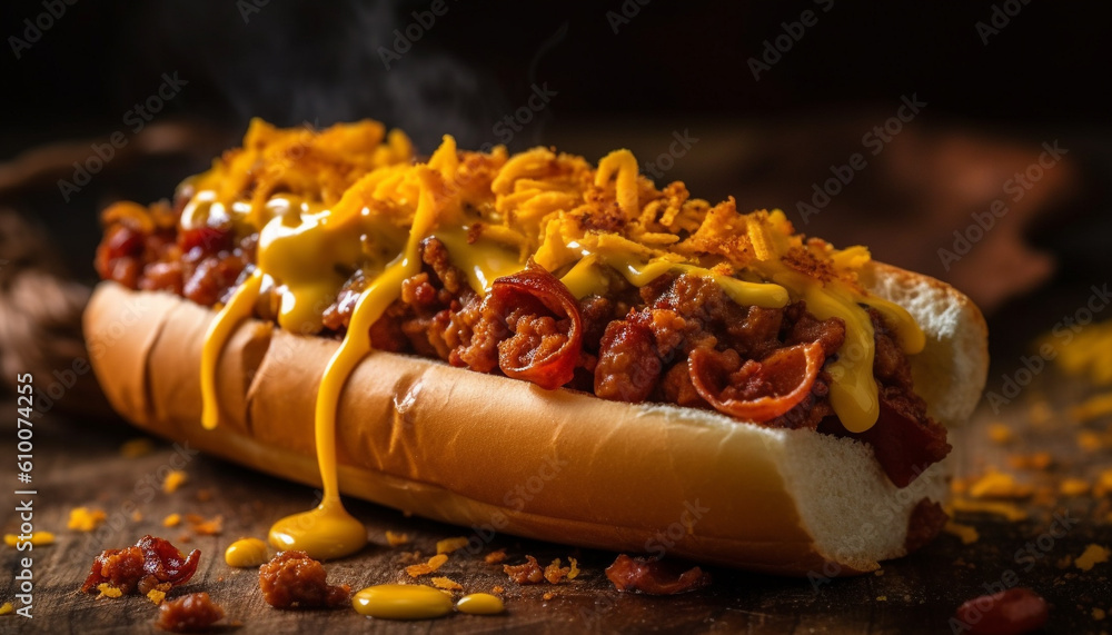 Grilled beef hot dog on bun with ketchup and onion generated by AI