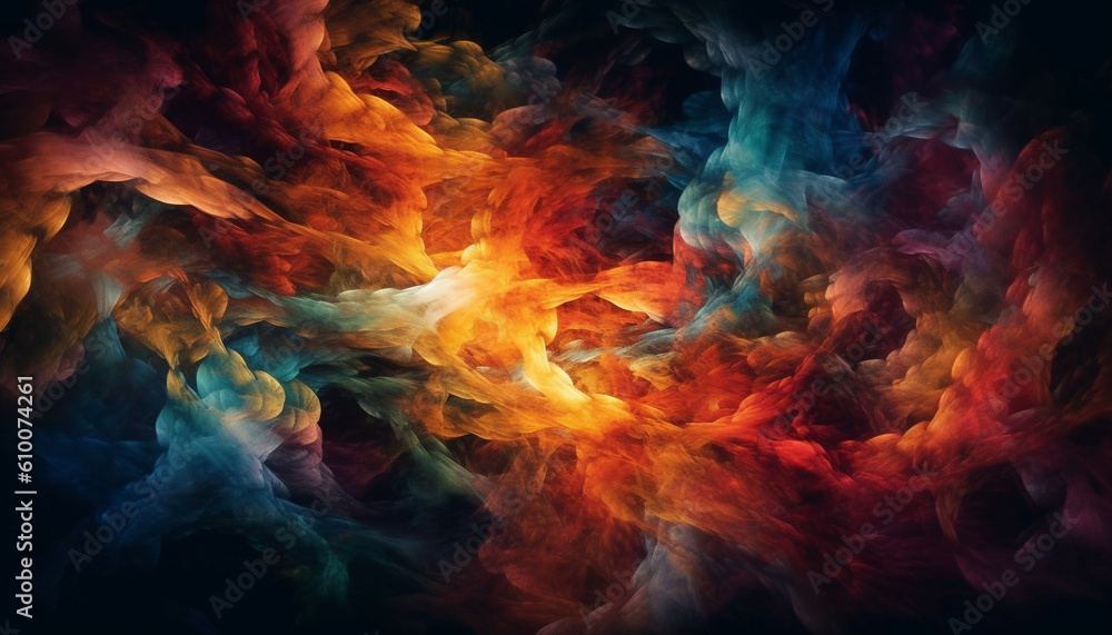 Abstract multi colored space pattern backdrop in chaotic futuristic motion fractal generated by AI