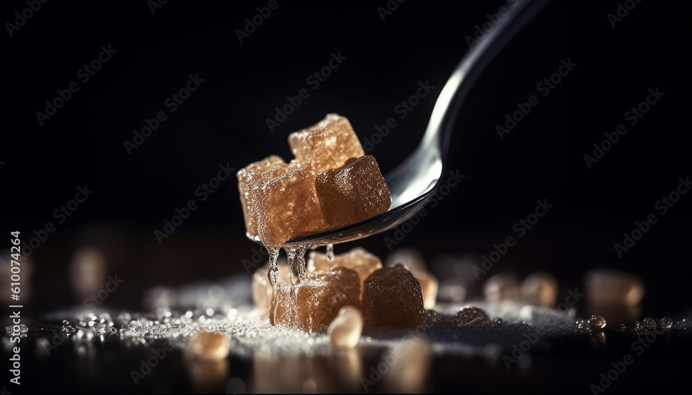 Sweet food stack on wooden table, crystal sugar cube elegance generated by AI