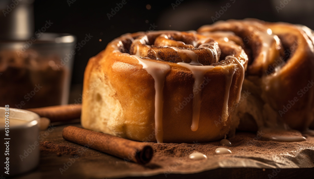 Indulgent homemade dessert on rustic wood table, ready to eat pastry item generated by AI