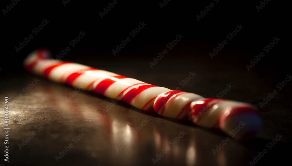 Striped candy cane stack on bright yellow table, winter indulgence generated by AI