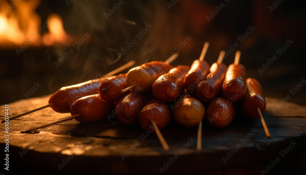 Grilled skewered meat on coal, flame and smoke for freshness generated by AI