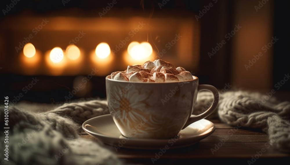 Cozy winter night with hot chocolate, marshmallow, and cookies generated by AI