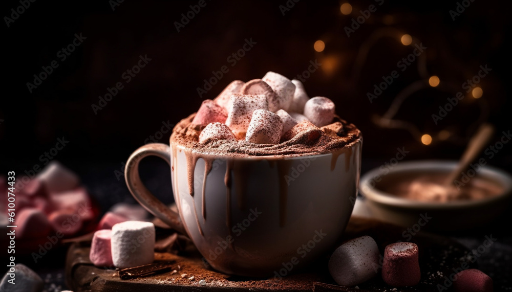 Indulgent hot chocolate with marshmallow and cacao fruit decoration generated by AI